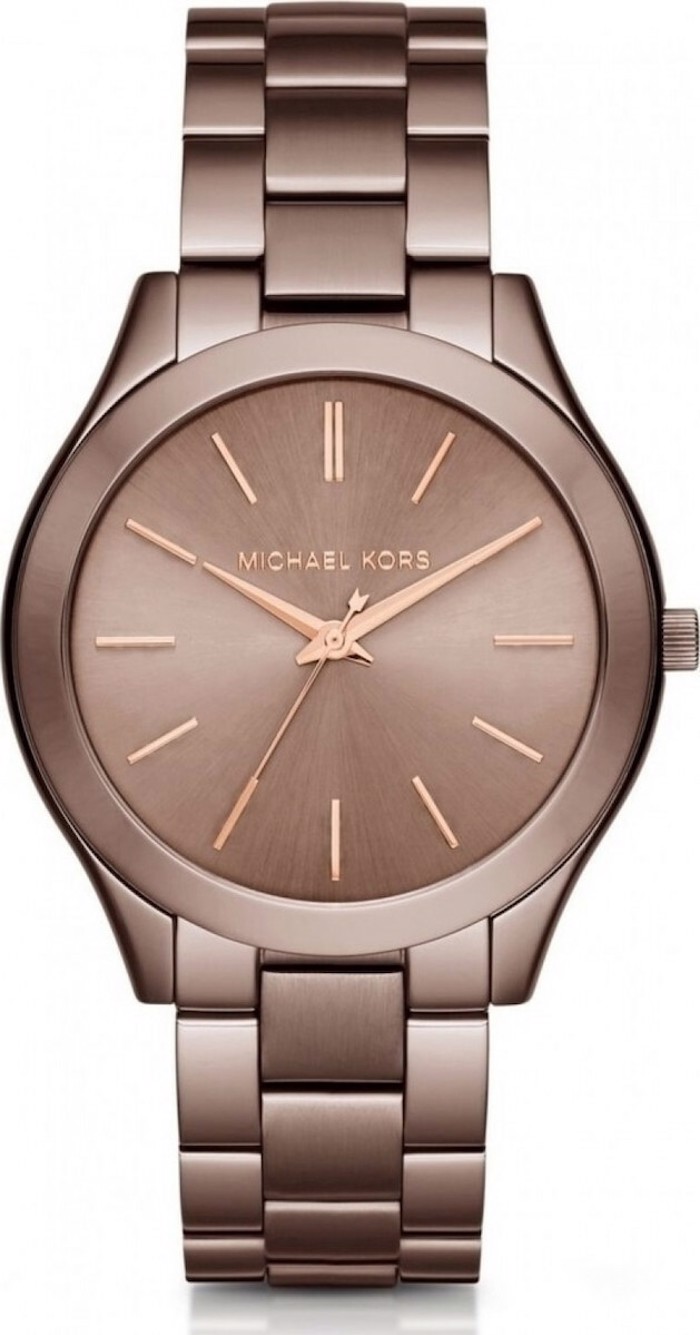 Michael Kors Slim Runway Roloi Batarias me Roz Xruso Metalliko Brasele MK3418