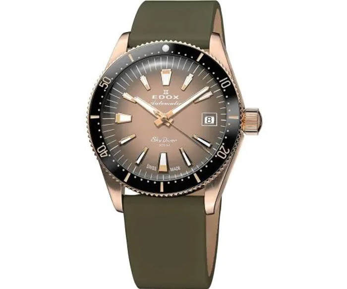 Edox Skydiver Roloi Aftomato me Bez kai Prasino Dermatino Louraki 80131-37RNC-VDBEI