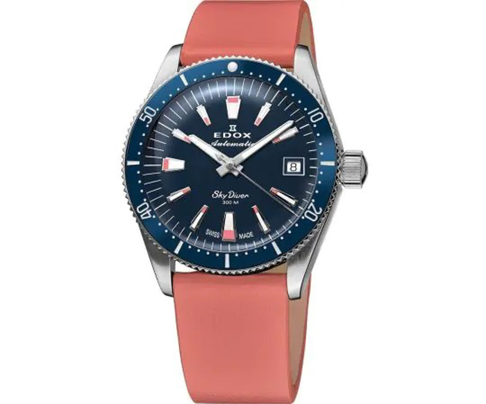 Edox Skydiver Roloi Aftomato me Ble kai Portokali Dermatino Louraki 80131-3BUC-BUICO
