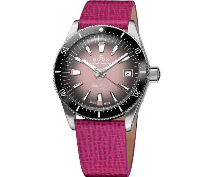 Edox Skydiver Roloi Aftomato me Roz kai Mob Dermatino Louraki 80131-3NC-NDRO