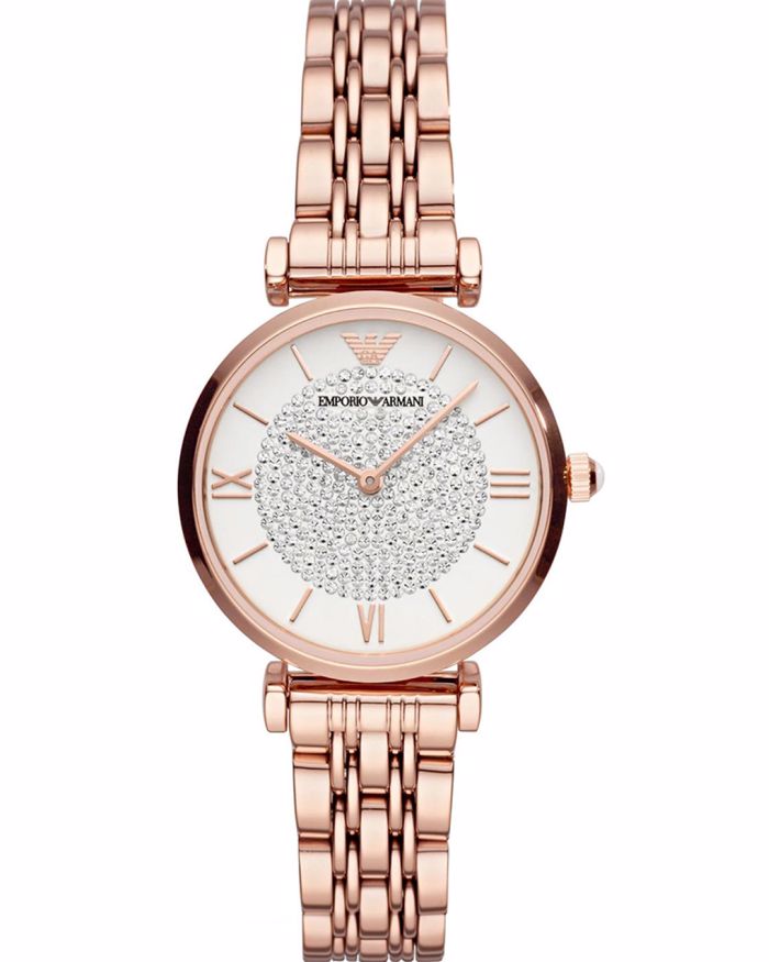 Emporio Armani Gianni T-Bar Crystals Roloi Batarias me Roz Xruso Metalliko Brasele AR11244