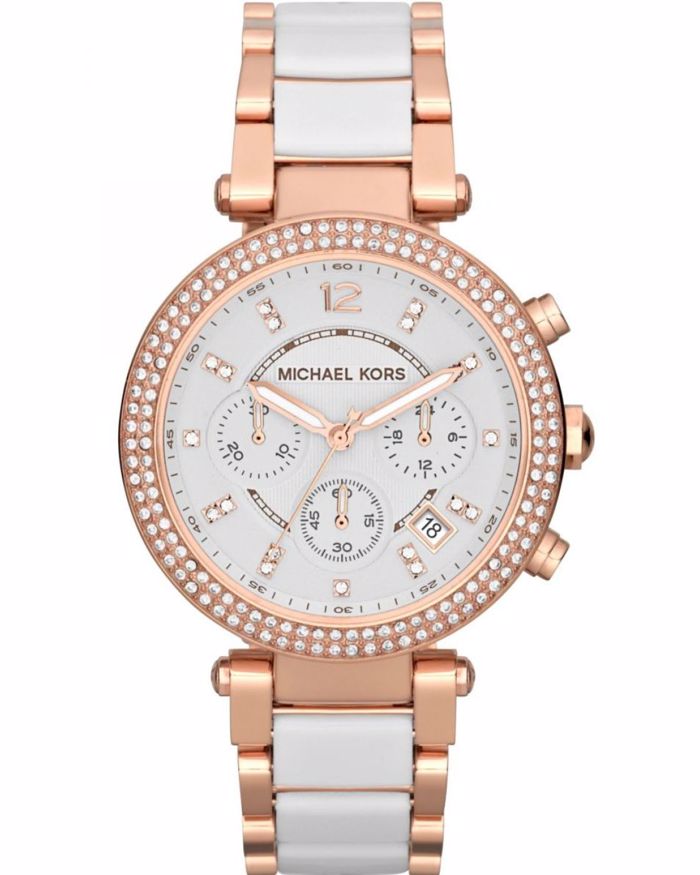 Michael Kors Parker Crystals Roloi Xronogafos Batarias me Roz Xruso / Lefko Keramiko Brasele MK5774