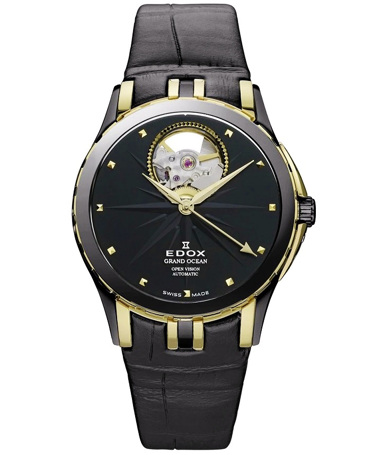 Edox Grand Ocean Open Heart Ρολόι Αυτόματο με Μαύρο Δερμάτινο Λουράκι 85012-357JN-NID