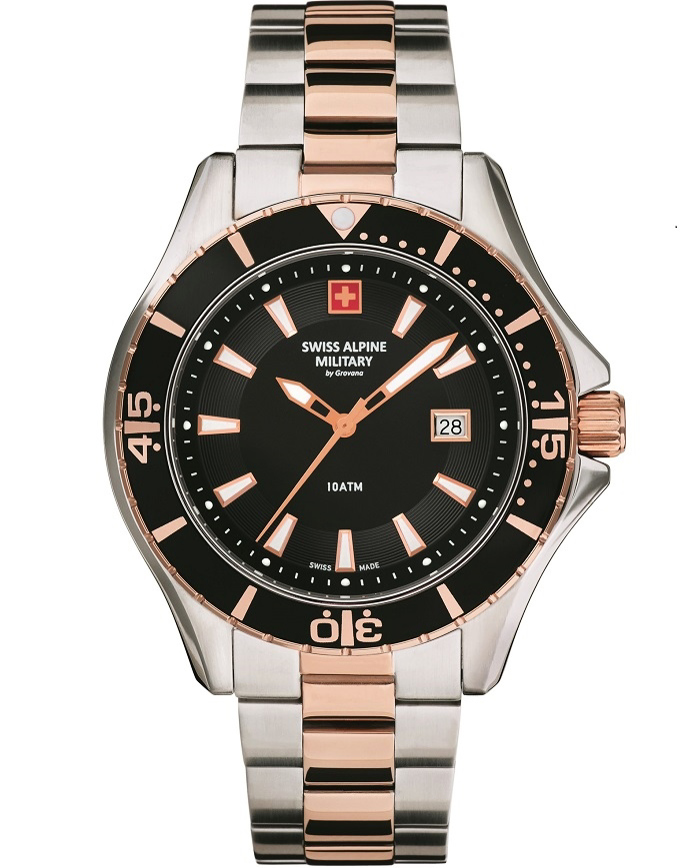 Swiss Alpine Military by Grovana Roloi Batarias me Roz Xruso / Asimi Metalliko Brasele SAM7040.1157