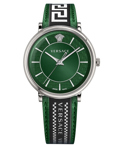Versace V-Circle Roloi Batarias me Prasino Dermatino Louraki VE5A01221