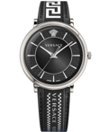 Versace V-Circle Gent Roloi Batarias me Mavro Dermatino Louraki VE5A01321