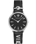 Versace V-Circle Roloi Batarias me Mavro Dermatino Louraki VE8104122