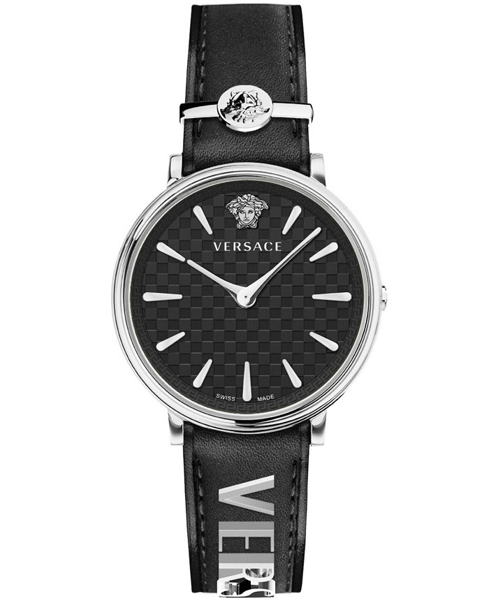 Versace V-Circle Roloi Batarias me Mavro Dermatino Louraki VE8104122