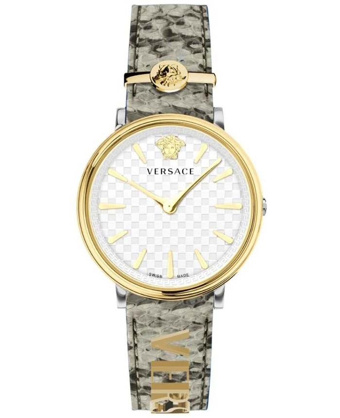 Versace V-Circle Roloi Batarias me Ggri Dermatino Louraki VE8104422