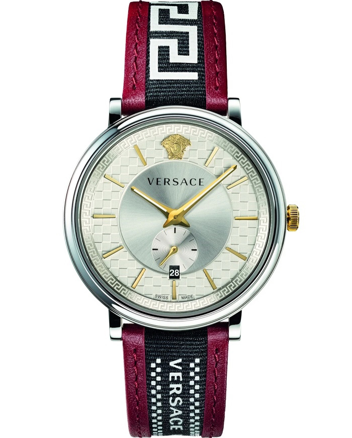 Versace V-Circle Roloi Batarias me Kokkino Dermatino Louraki  VEBQ01319