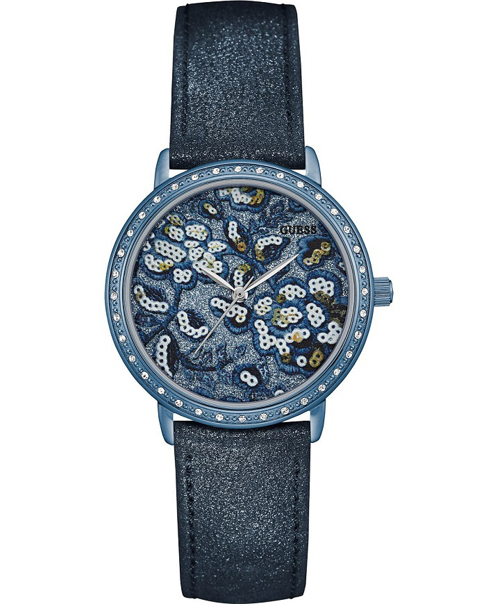 Guess Wildflower Roloi Batarias me Ble Dermatino Louraki W0821L2