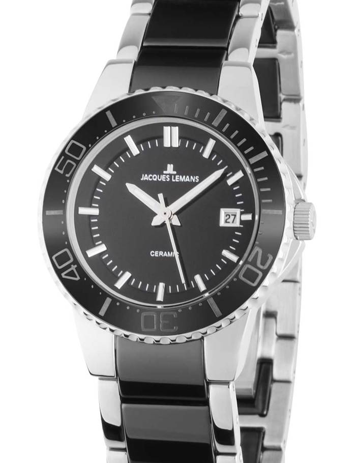 Jacques Lemans Colmar Ceramic Roloi Batarias me Mavro / Asimi Keramiko Brasele 1-2165A