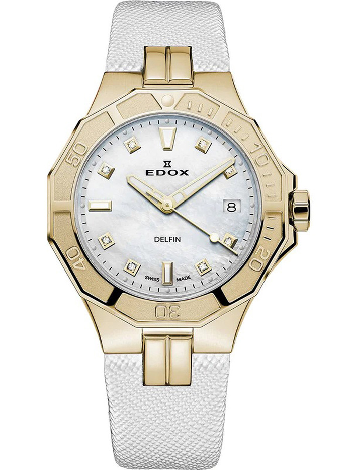 Edox Delfin Diver Roloi Batarias me Lefko Dermatino Louraki 53020-37JC-NADD