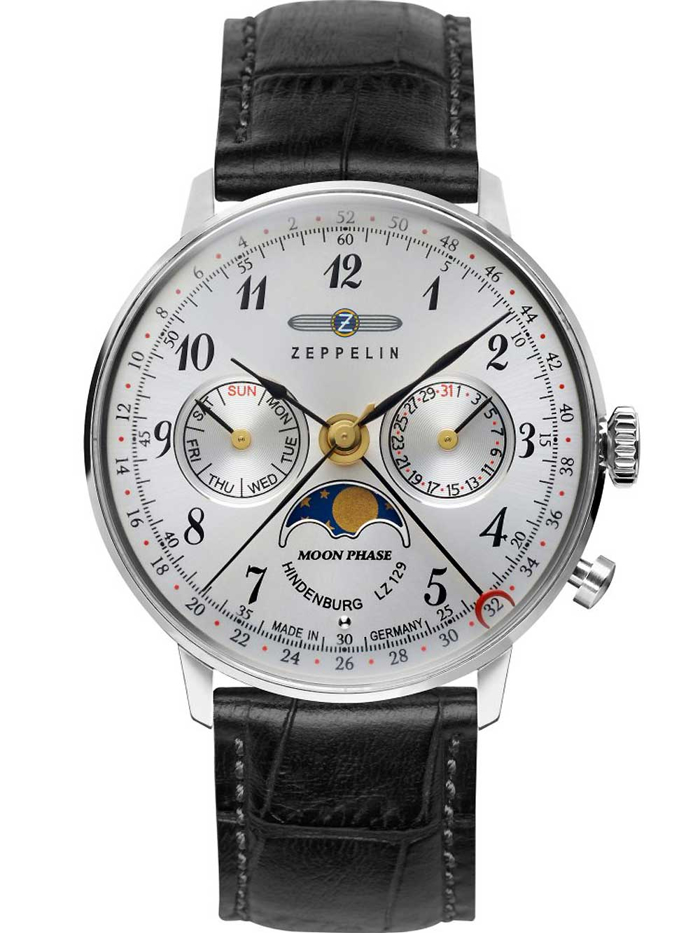 Zeppelin Hindenburg LZ129 Moonphase Roloi Batarias me Mavro Dermatino Louraki 7037-1