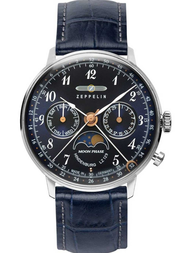 Zeppelin Hindenburg LZ129 Moonphase Ρολόι Μπαταρίας με Μπλε Δερμάτινο Λουράκι 7037-3