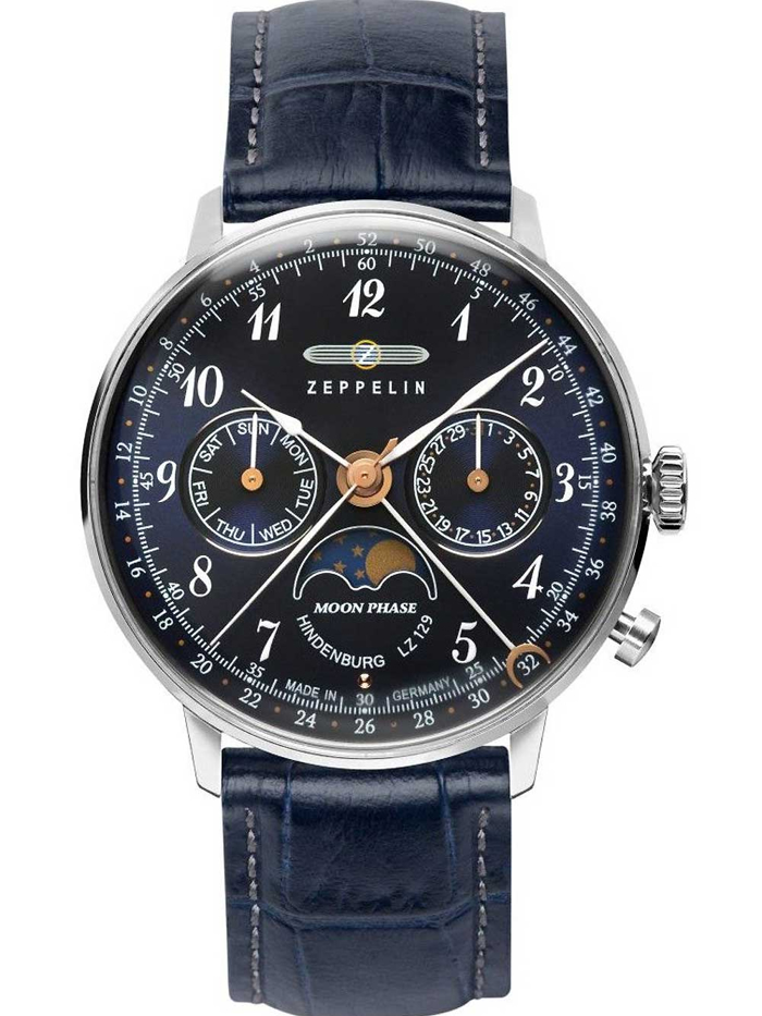 Zeppelin Hindenburg LZ129 Moonphase Roloi Batarias me Ble Dermatino Louraki 7037-3