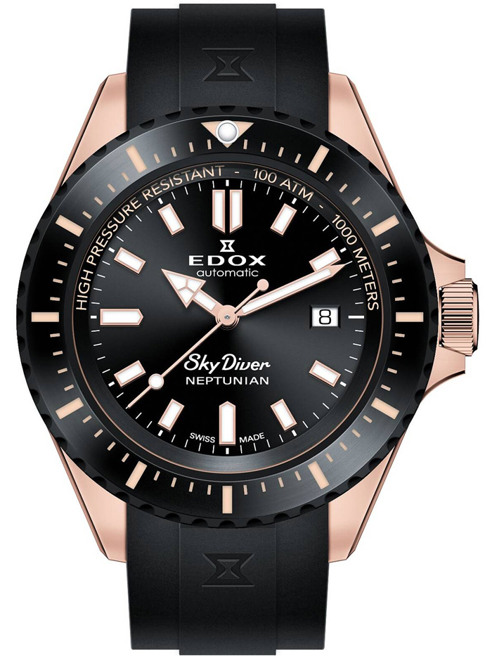 Edox Skydiver Neptunian Roloi Aftomato me Mavro Kaoutsouk Louraki 80120-37RNNCA-NIR