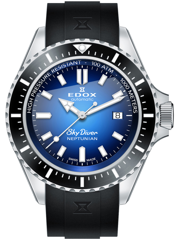 Edox Skydiver Neptunian Roloi Aftomato me Mavro Kaoutsouk Louraki 80120-3NCA-BUIDN