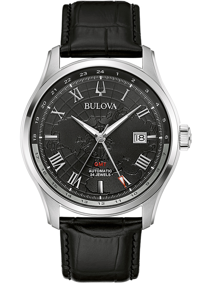 Bulova Wilton GMT Roloi Aftomato me Mavro Dermatino Louraki 96B387