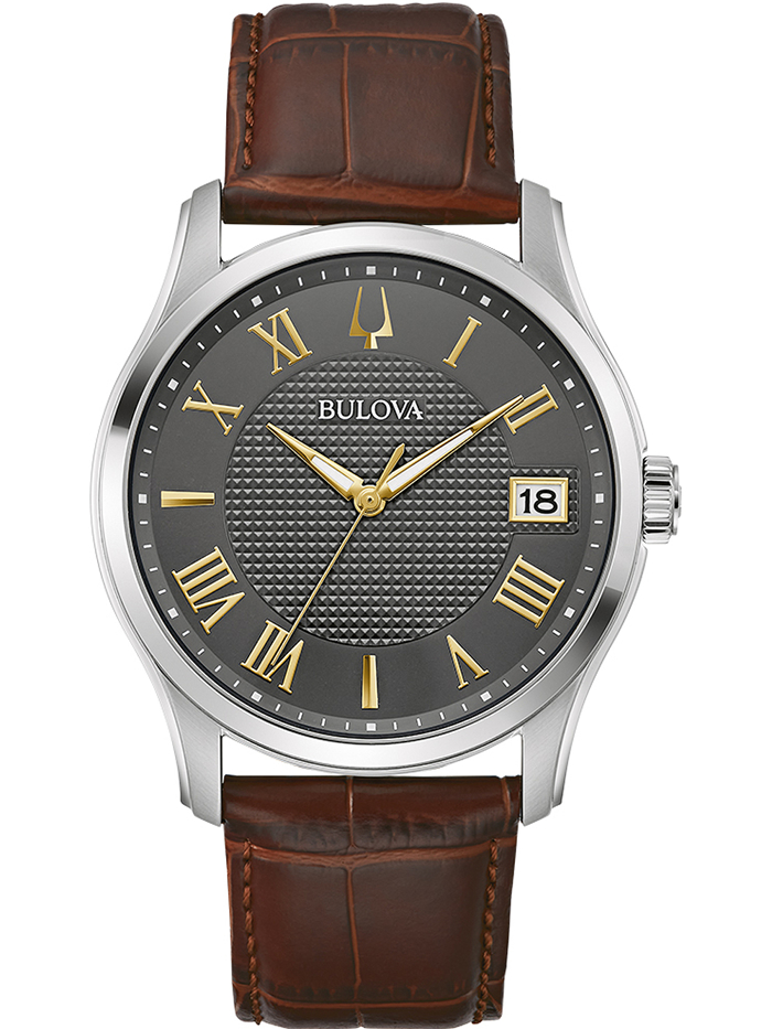 Bulova Wilton Roloi Batarias me Kafe Dermatino Louraki 96B389