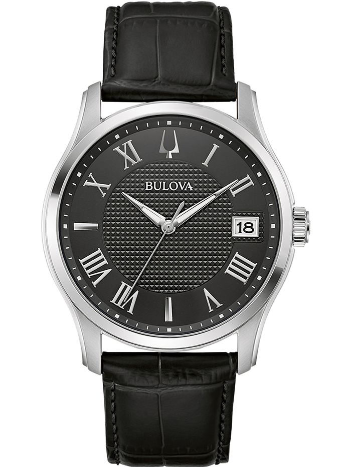 Bulova Wilton Roloi Batarias me Mavro Dermatino Louraki 96B390