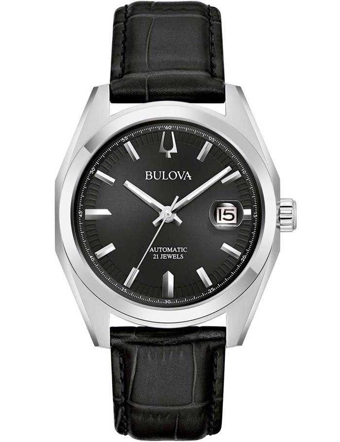 Bulova Surveyor Roloi Aftomato me Mavro Dermatino Louraki 96B435