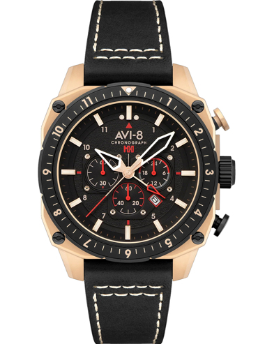 AVI-8 Hawker Hunter Dual Time Ρολόι Χρονογράφος Μπαταρίας με Μαύρο Δερμάτινο Λουράκι AV-4100-06