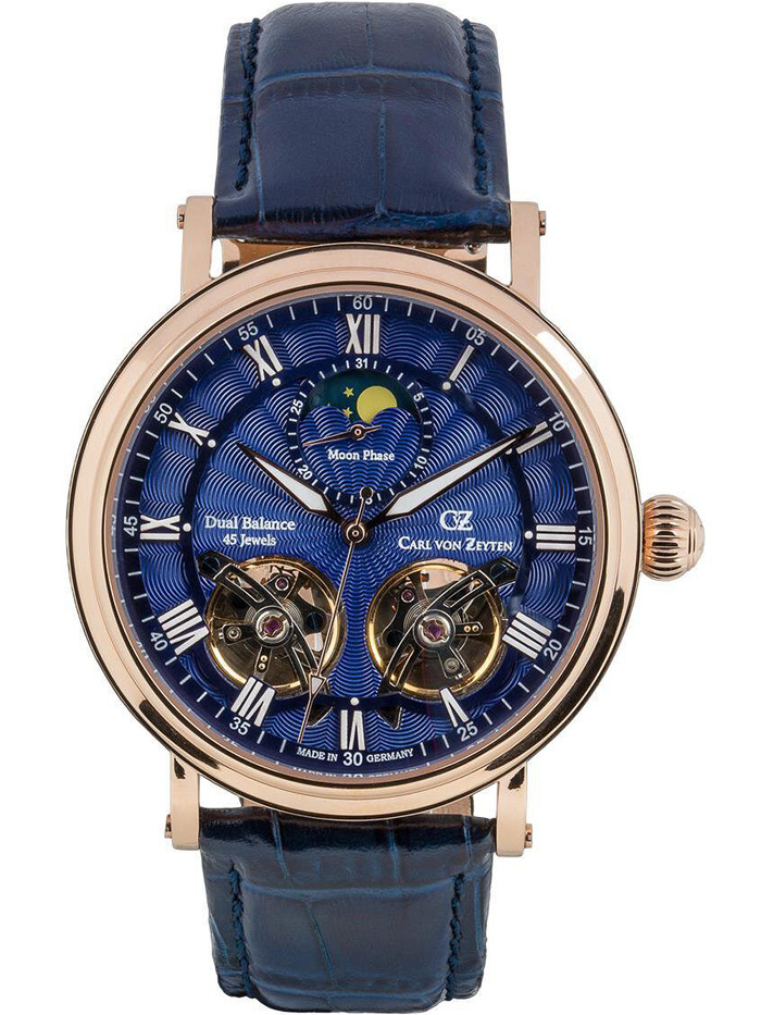 Carl von Zeyten Murg Moonphase Roloi Aftomato me Ble Dermatino Louraki CVZ0054RBSR