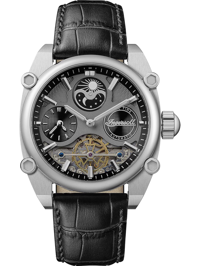 Ingersoll Varsity Dual Time Roloi Aftomato me Mavro Dermatino Louraki I15402