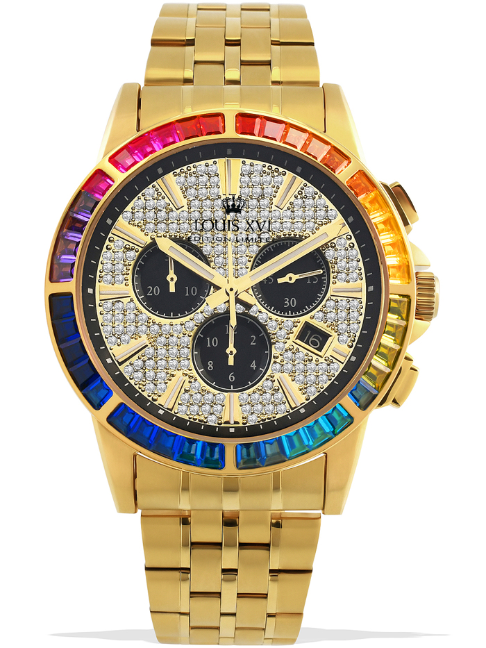 Louis XVI Majeste Iced Out Roloi Xronogafos Batarias me Xruso Metalliko Brasele LXVI1120