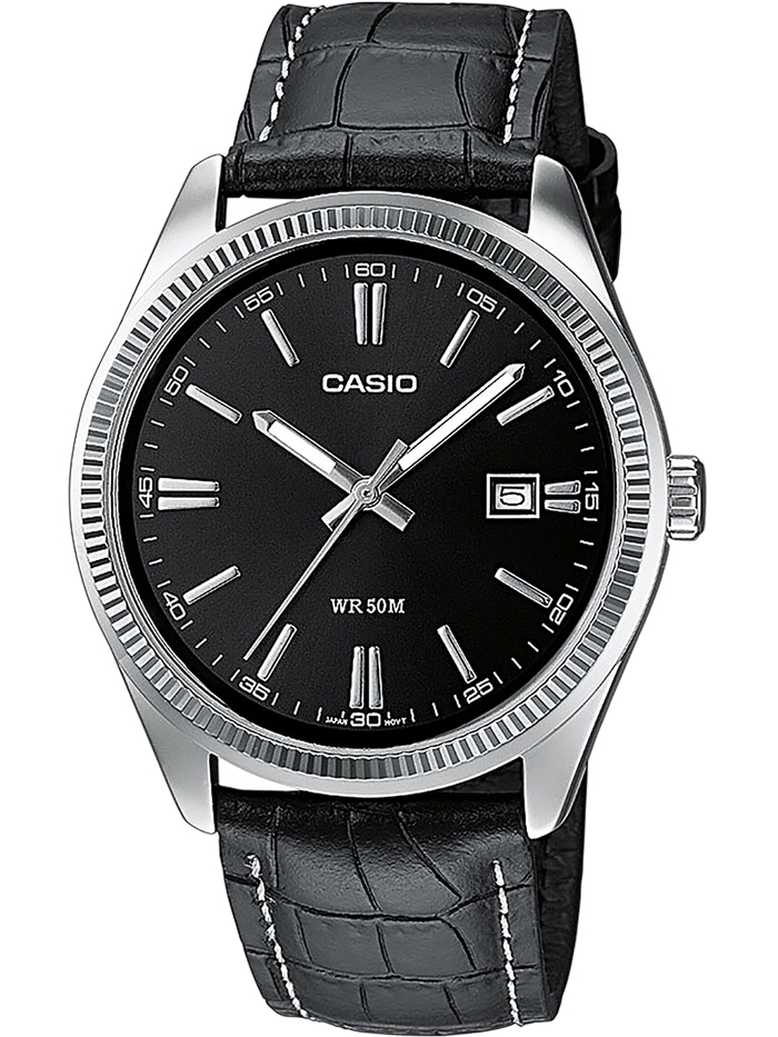 Casio Collection Roloi Batarias me Mavro Dermatino Louraki MTP-1302PL-1AVEF