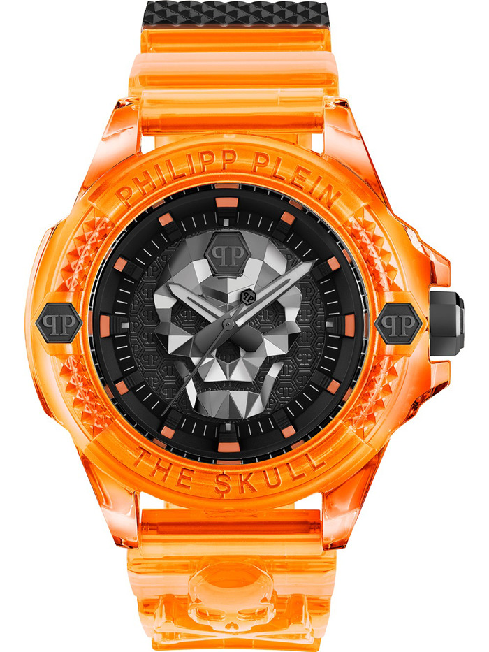 Philipp Plein The Skull Scuba Duba Roloi Batarias me Portokali Kaoutsouk Louraki PWWAA0824