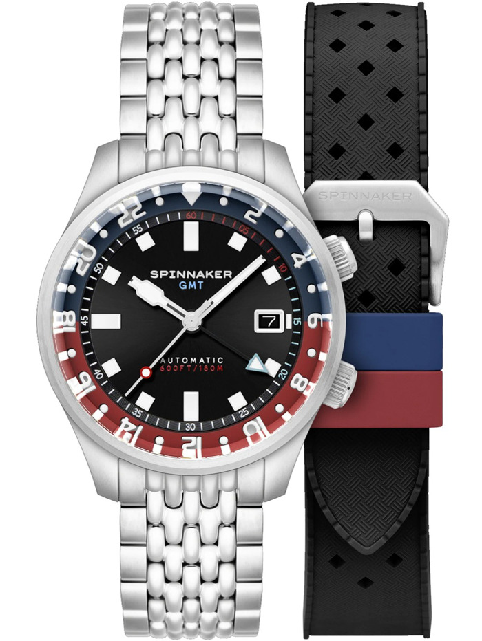 Spinnaker Bradner GMT Roloi Aftomato me Asimi Metalliko Brasele kai Mavro Kaoutsouk Louraki SP-5121-55